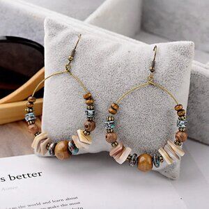 Bohemian Style Beaded Large Hoop Drop Earrings With Shell & Wood Beads